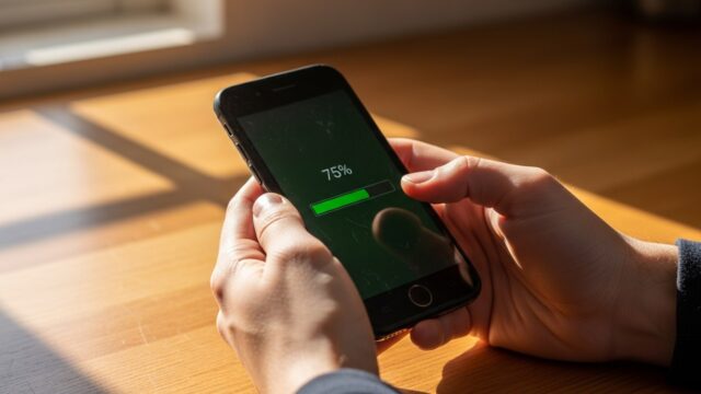 Mani di una persona che salva le chat di WhatsApp su un vecchio smartphone appoggiato su un tavolo di legno.