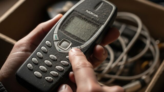 Primo piano macro di un vecchio cellulare Nokia impolverato ritrovato in una scatola di cartone, simbolo degli oggetti anni 90 che valgono una fortuna oggi.