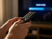 Google Cast su Smart TV Samsung: come sbloccarlo senza rischiare il blocco firmware Mani che impugnano un telecomando puntato verso uno schermo televisivo durante l'aggiornamento di sistema.