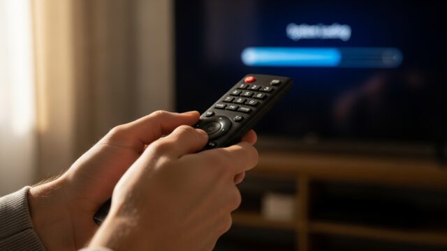 Mani che impugnano un telecomando puntato verso uno schermo televisivo durante l'aggiornamento di sistema.