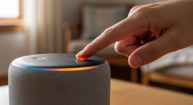 Amazon Echo impolverato con anello luminoso arancione durante aggiornamento