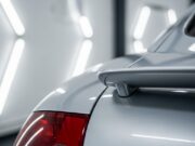 Audi TT 1998: la storia dell’icona di design che rischiò il disastro aerodinamico Inquadratura laterale ravvicinata dello spoiler posteriore di un'Audi TT del 1998 in argento metallizzato all'interno di un garage professionale.