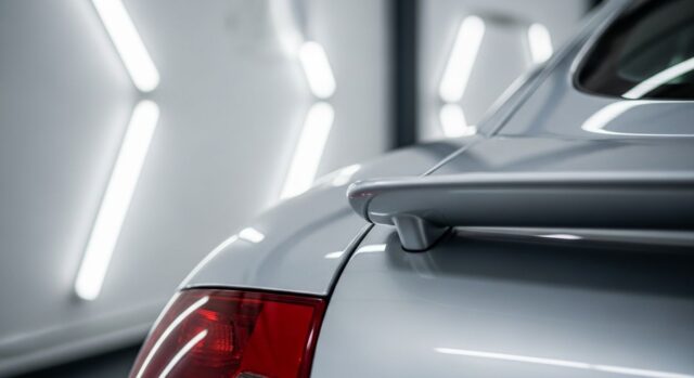 Inquadratura laterale ravvicinata dello spoiler posteriore di un'Audi TT del 1998 in argento metallizzato all'interno di un garage professionale.