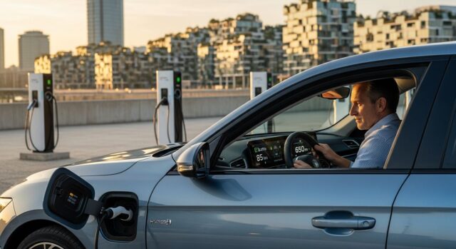 Uomo d'affari controlla l'autonomia elettrica di 85 km sulla sua auto ibrida plug-in del 2026 in una stazione di ricarica urbana al tramonto