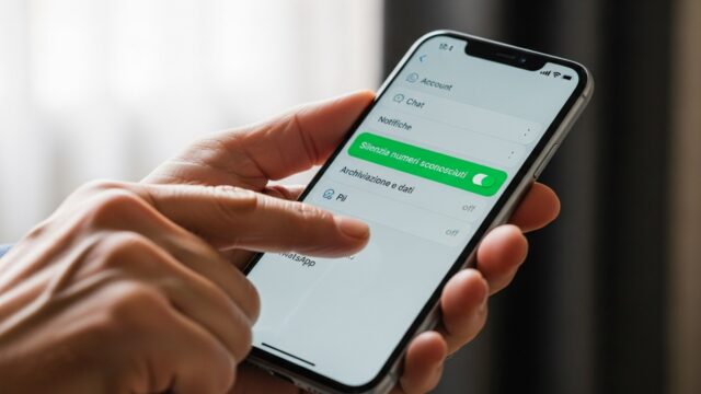 Mani che tengono uno smartphone mostrando le impostazioni di privacy di WhatsApp per bloccare lo spam.