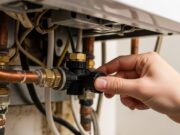 Caldaia in blocco e acqua fredda: come alzare la pressione senza chiamare il tecnico Mano che gira il rubinetto nero sotto una caldaia impolverata tra tubi di rame