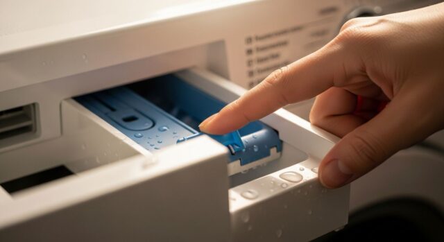 Primo piano di una mano che preme la linguetta azzurra per sbloccare il cassetto dei detersivi di una lavatrice.