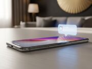 Come attivare le chat flottanti di WhatsApp su Android senza perdere i dati Primo piano di uno smartphone moderno su un tavolo di legno con una bolla di notifica flottante sul bordo dello schermo.