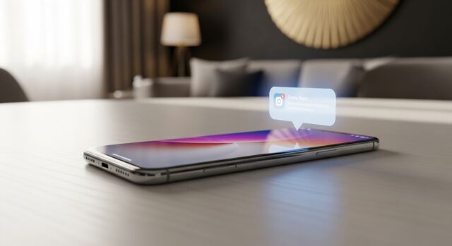 Primo piano di uno smartphone moderno su un tavolo di legno con una bolla di notifica flottante sul bordo dello schermo.