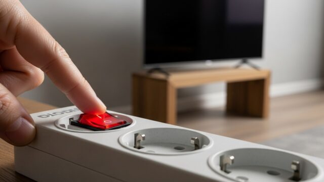 Staccare la spina della TV OLED la distrugge Mano che spegne il pulsante di una ciabatta elettrica con una TV OLED moderna sullo sfondo in un salotto luminoso