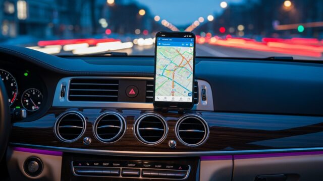 Cruscotto di una vettura con smartphone sul supporto che mostra un'app di navigazione nel traffico serale.