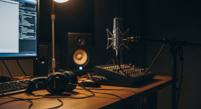 Scrivania disordinata con microfono e cavi usurati per la registrazione di un podcast