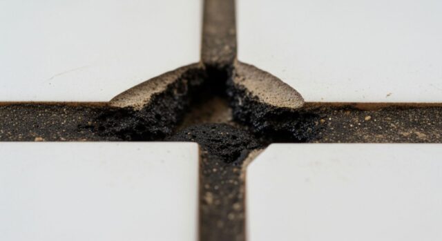 Primo piano macro di fughe pavimenti nere e sgretolate a causa dell'uso di candeggina e detersivi acidi corrosivi