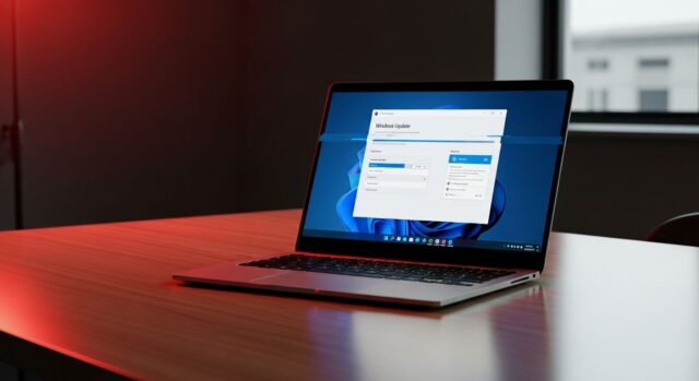 Laptop su una scrivania in legno che mostra un finto aggiornamento Windows 11 con dettagli grafici sospetti.