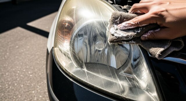 Dettaglio di un faro auto ingiallito mentre viene pulito erroneamente con il dentifricio su panno ruvido
