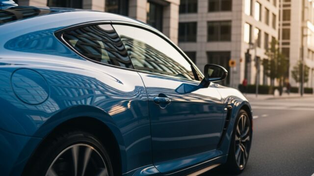 Dettaglio ravvicinato della fiancata scolpita di un'auto sportiva blu metallizzato, con riflessi nitidi del paesaggio urbano sulla vernice lucida, scattata in strada al tramonto.