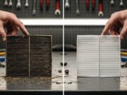 Aria condizionata in auto: l’errore primaverile che brucia il compressore Confronto visivo tra un filtro abitacolo auto completamente ostruito da foglie e detriti a sinistra e un filtro nuovo e pulito a destra, causa principale del grippaggio del compressore.