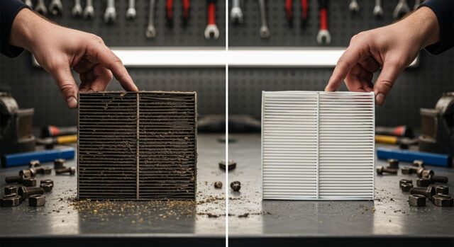 Confronto visivo tra un filtro abitacolo auto completamente ostruito da foglie e detriti a sinistra e un filtro nuovo e pulito a destra, causa principale del grippaggio del compressore.