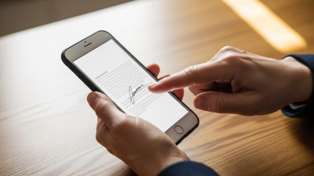 Mani di una persona adulta che firmano un documento digitale sul display di uno smartphone appoggiato su una scrivania in legno chiaro.