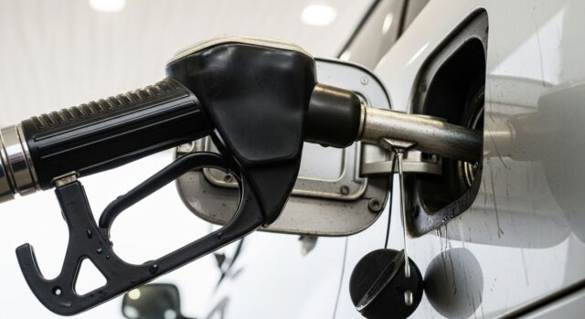 Dettaglio macro della pistola erogatrice nera inserita nel bocchettone di un'auto grigia, con benzina liquida che tracima e cola lungo la carrozzeria sotto il tappo appeso bagnato.