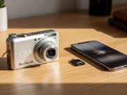 Perché tutti cercano le vecchie fotocamere digitali del 2005: la guida al sensore CCD nel 2026 Vecchia fotocamera digitale argentata del 2005 appoggiata su una scrivania in legno accanto a uno smartphone con adattatore
