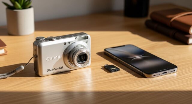 Vecchia fotocamera digitale argentata del 2005 appoggiata su una scrivania in legno accanto a uno smartphone con adattatore