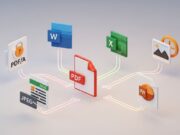 Conversione PDF: quale formato scegliere Grafica 3D che mostra la conversione di un PDF verso i formati Word, Excel, PowerPoint, Immagini e PDF/A.