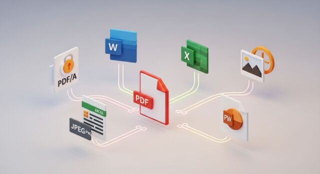 Grafica 3D che mostra la conversione di un PDF verso i formati Word, Excel, PowerPoint, Immagini e PDF/A.