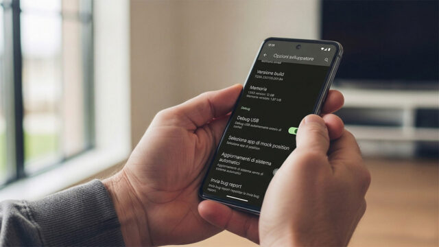Mani di un uomo maturo che usano il menu impostazioni di uno smartphone Android in un salotto luminoso.