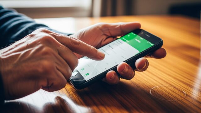 Mani che tengono uno smartphone aperto sulle impostazioni di WhatsApp in un ambiente domestico
