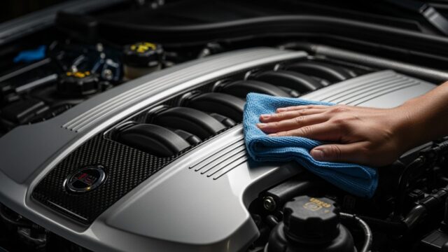 Dettaglio del vano motore di una vettura moderna durante le operazioni di pulizia a secco con panno in microfibra