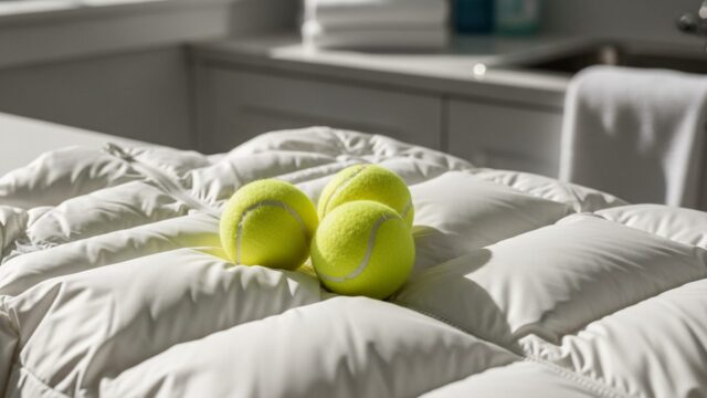 Giubbotto piumino pulito con tre palline da tennis gialle appoggiate sopra