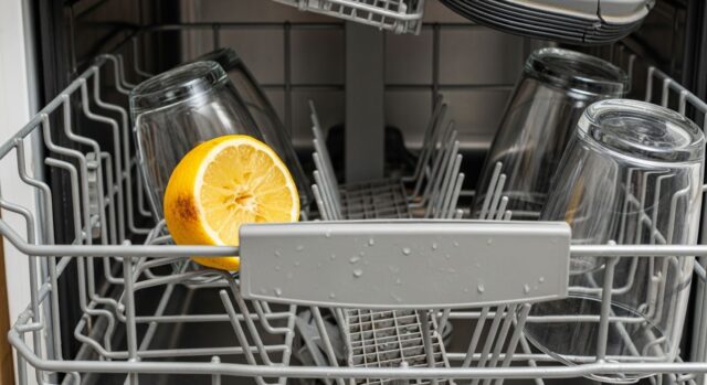 Interno di una lavastoviglie usurata con un mezzo limone incastrato nel cestello e guarnizioni rovinate