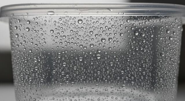 Problema asciugatura plastica lavastoviglie Dettaglio macro di gocce d'acqua e condensa su un contenitore di plastica trasparente dopo il lavaggio in lavastoviglie.