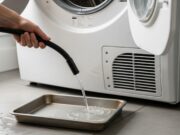 Lavatrice piena d’acqua che non scarica: l’errore del foglietto acchiappacolore e come sbloccarla Unico tubicino nero di emergenza che scarica acqua dalla lavatrice in una bacinella