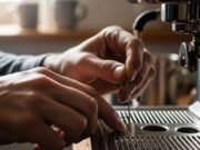 Macchina del caffè a capsule bloccata: l’errore dell’aceto e il tasto segreto per il reset Mani umane che puliscono delicatamente l'ago interno di una macchina del caffè a capsule.