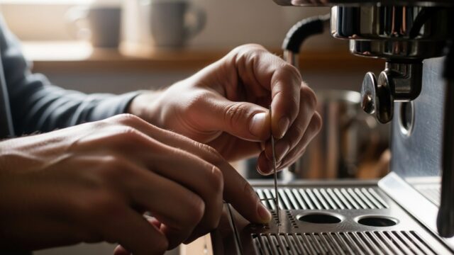 Macchina del caffè a capsule bloccata soluzioni rapide Mani umane che puliscono delicatamente l'ago interno di una macchina del caffè a capsule.