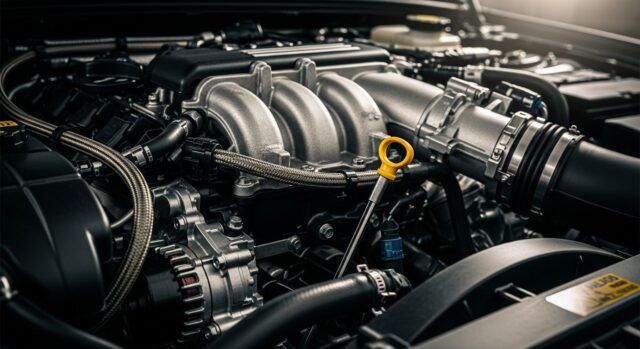 Dettaglio meccanico del vano motore di una vettura moderna con focus sulla pulizia e manutenzione dei componenti.