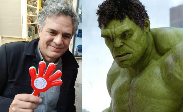 Collage orizzontale: Mark Ruffalo a Roma con manina del Salutatore tricolore e l'Incredibile Hulk.