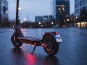 Monopattini elettrici ad aprile 2026: come richiedere targa e assicurazione per evitare la multa Monopattino elettrico parcheggiato in città con focus sul dettaglio del parafango posteriore e sulla targa identificativa.