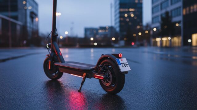 Monopattino elettrico parcheggiato in città con focus sul dettaglio del parafango posteriore e sulla targa identificativa.