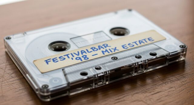 Musicassetta trasparente anni 90 con etichetta scritta a pennarello Festivalbar 98 Mix Estate