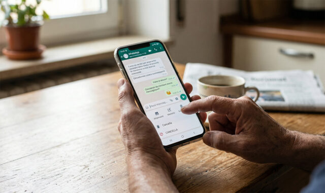 Mani che usano il nuovo menu allegati di WhatsApp su smartphone.