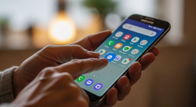 La guida sicura per passare a Google Messaggi sui telefoni Samsung Mani di una persona adulta che usano uno smartphone Samsung per aprire la nuova app per i messaggi