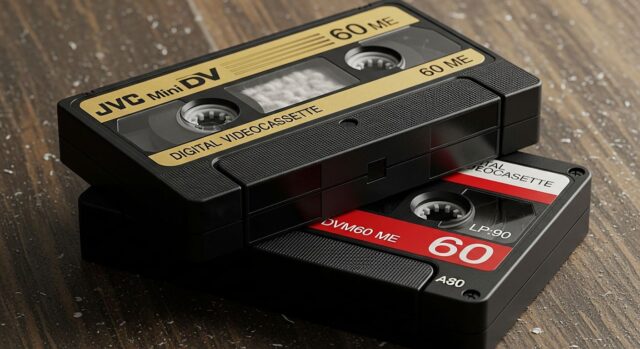 Macro iper-realistica di due cassette MiniDV (JVC nera e rossa) impolverate su tavolo di legno con muffa visibile sul nastro magnetico.