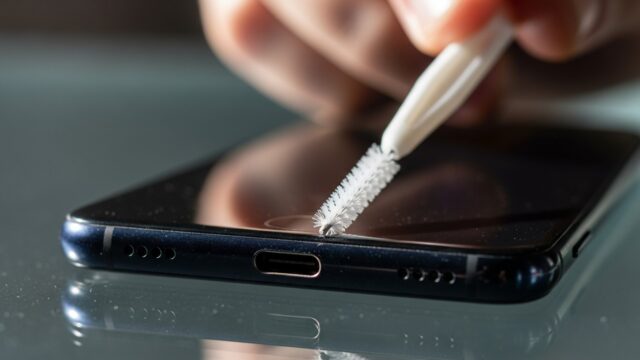 Persona pulisce la porta di ricarica di uno smartphone con uno scovolino di plastica