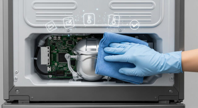 Mano con guanto blu che pulisce con un panno il compressore e la scheda madre sul retro di un frigorifero smart per risolvere un blocco del sistema, con icone diagnostiche in sovrimpressione.