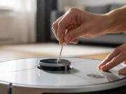 Robot aspirapolvere che sbatte sui mobili: l’errore sul sensore LiDAR e come pulirlo Mani che puliscono delicatamente il sensore laser rotondo di un robot aspirapolvere con un cotton fioc asciutto.