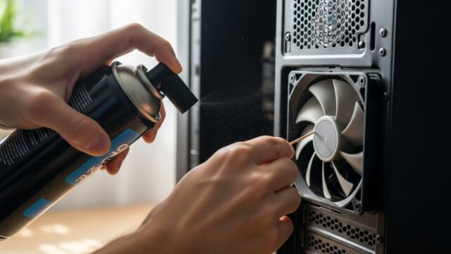 Pulire PC e console: l'errore che brucia tutto Dettaglio ravvicinato di mani che usano una bomboletta ad aria compressa e uno stuzzicadenti per pulire la ventola di un computer.