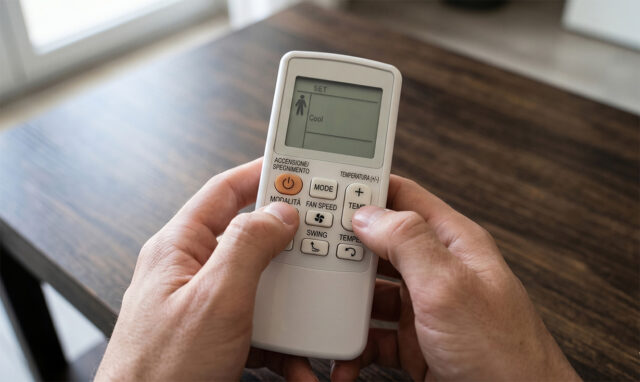 Primo piano di mani che eseguono il reset di un condizionatore premendo contemporaneamente i tasti temperatura sul telecomando